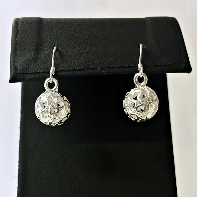 Silverplated Filigree Heart Cut-Outs Fishhook Ball Earrings