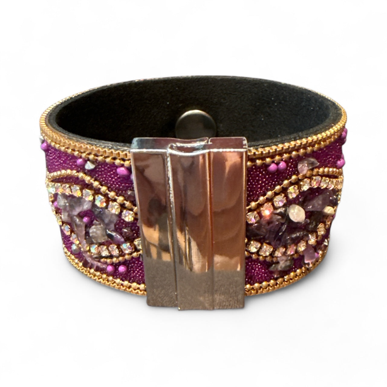Purple Beaded/Rhinestone Wide Cuff Magnetic Closure 20mm Snap Base for Simple Elegance Snap Jewelry