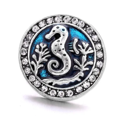 Blue Metal Nautical Seahorse Rhinestone 18mm Snap fits 20mm Snap Base