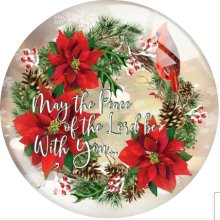 Decorative Christmas ornament with poinsettias, cardinal, and holiday text on a clear background