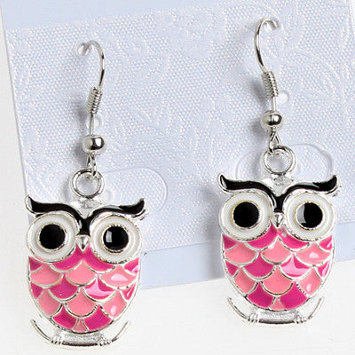 Pink Enamel Owl Dangle Fishhook Earrings