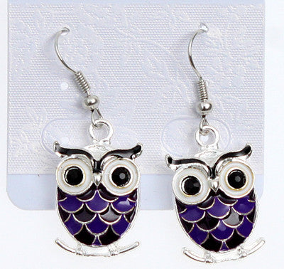 Purple Enamel Owl Dangle Fishhook Earrings