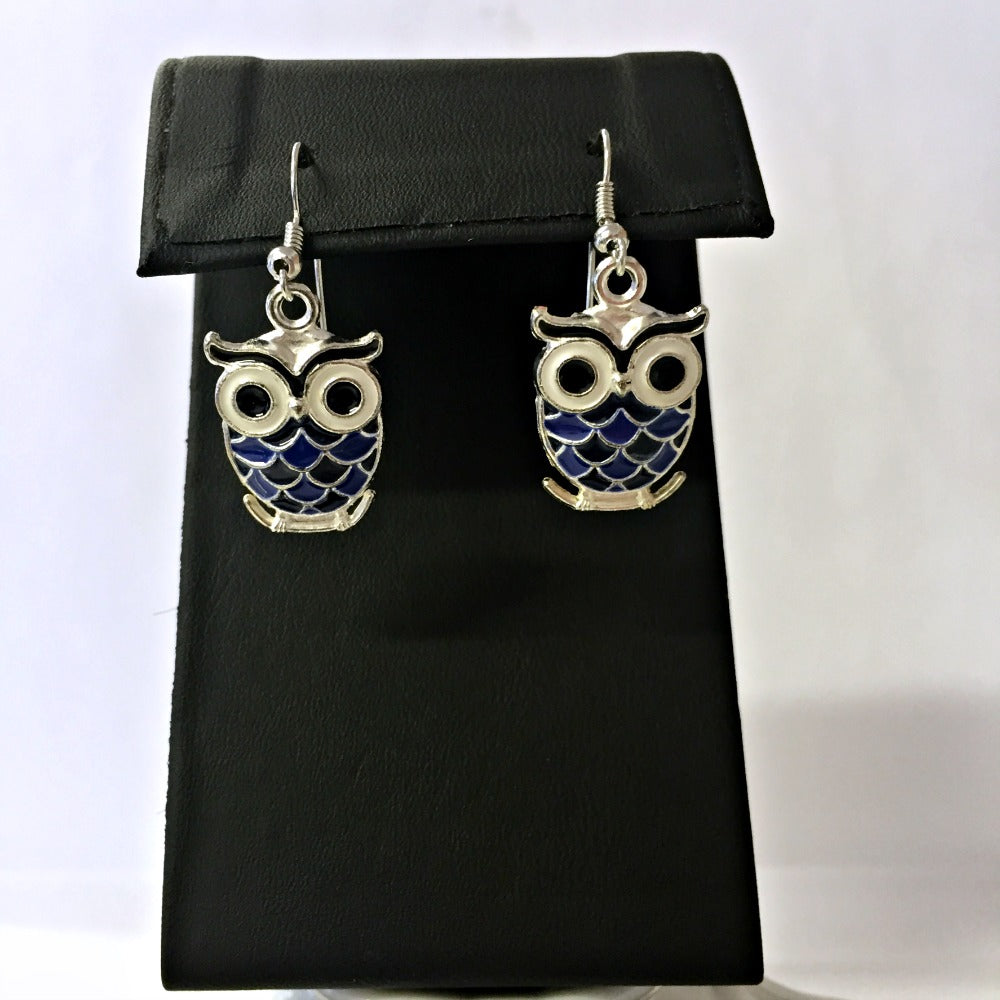 Blue Enamel Owl Dangle Fishhook Earrings