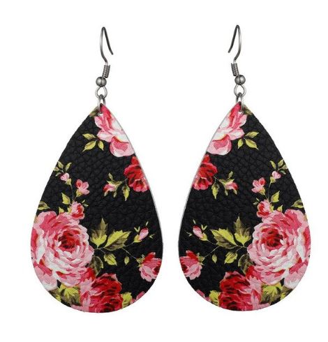 Black Pink Floral Dangle Fishhook Earrings