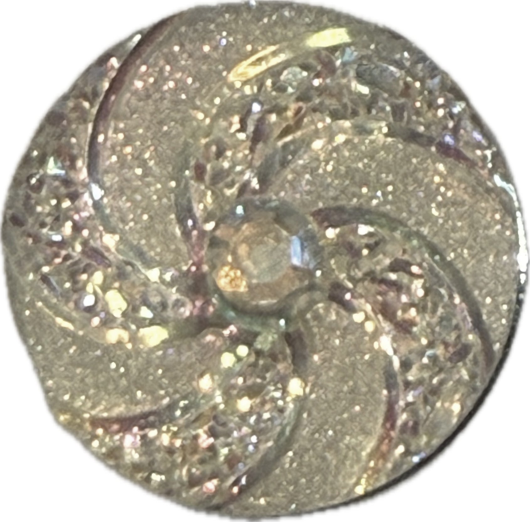A round acrylic snap charm with a swirl pattern and sparkle finish, in assorted colors.