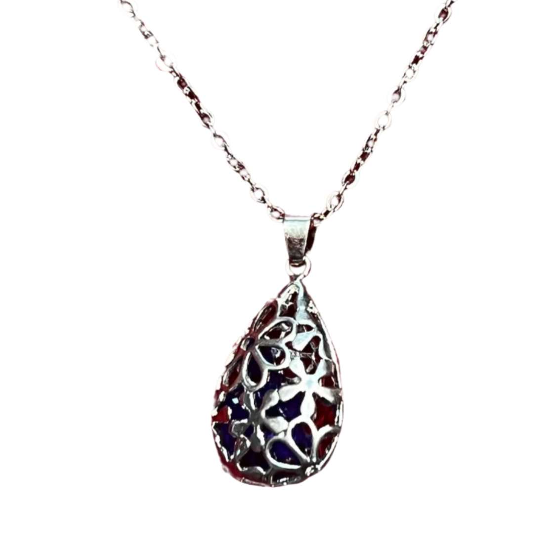 Floral Hollow Necklace With Blue Loose Rhinestones and Chain