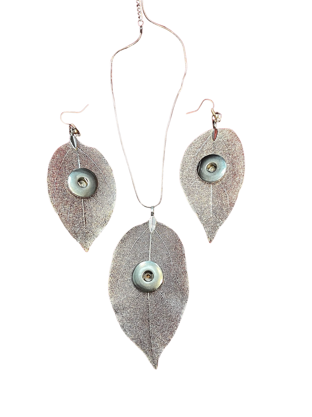 Sheer Wire Leaf 20mm Snap Necklace and Earrings