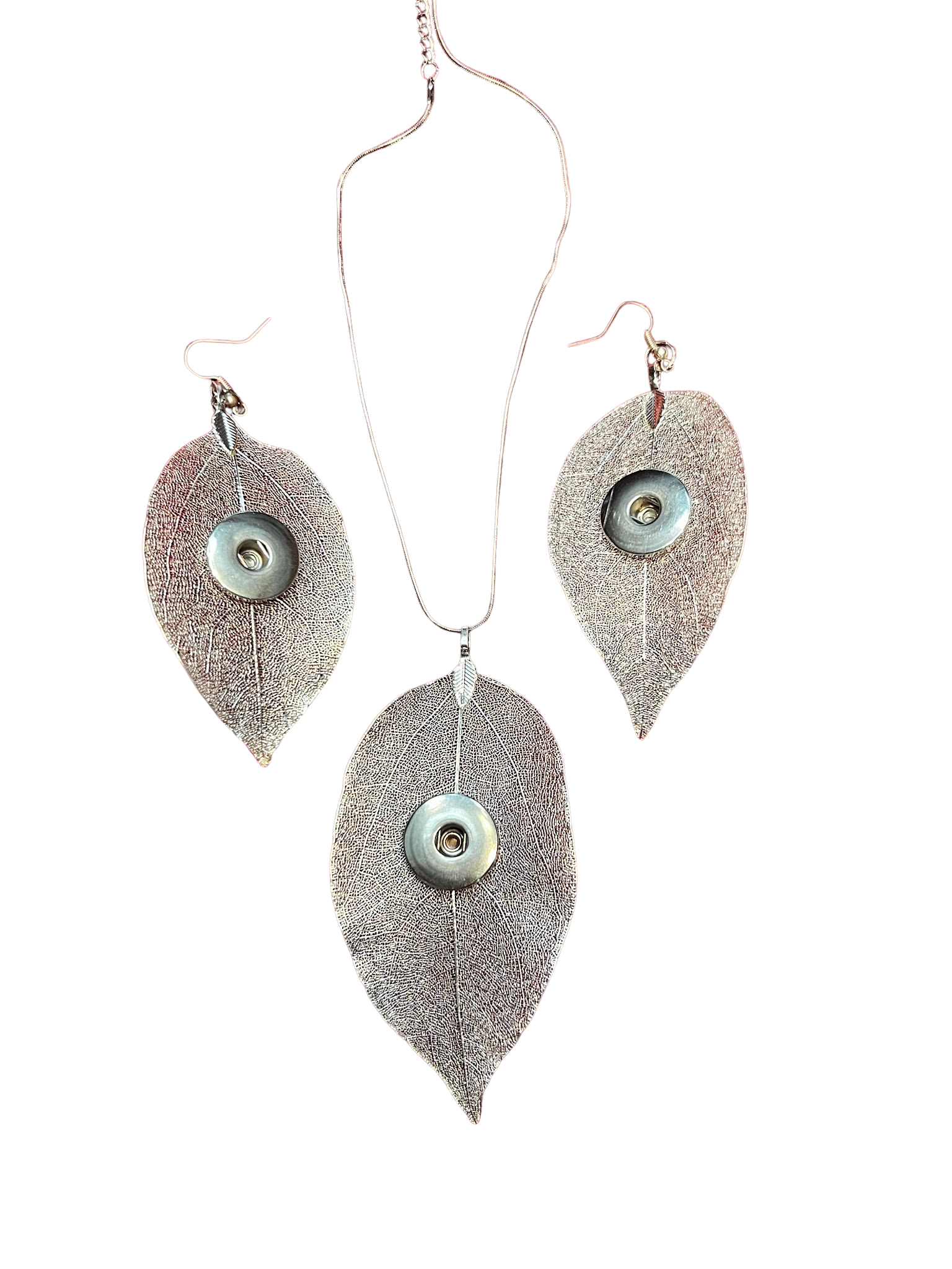 Sheer Wire Leaf 20mm Snap Necklace and Earrings