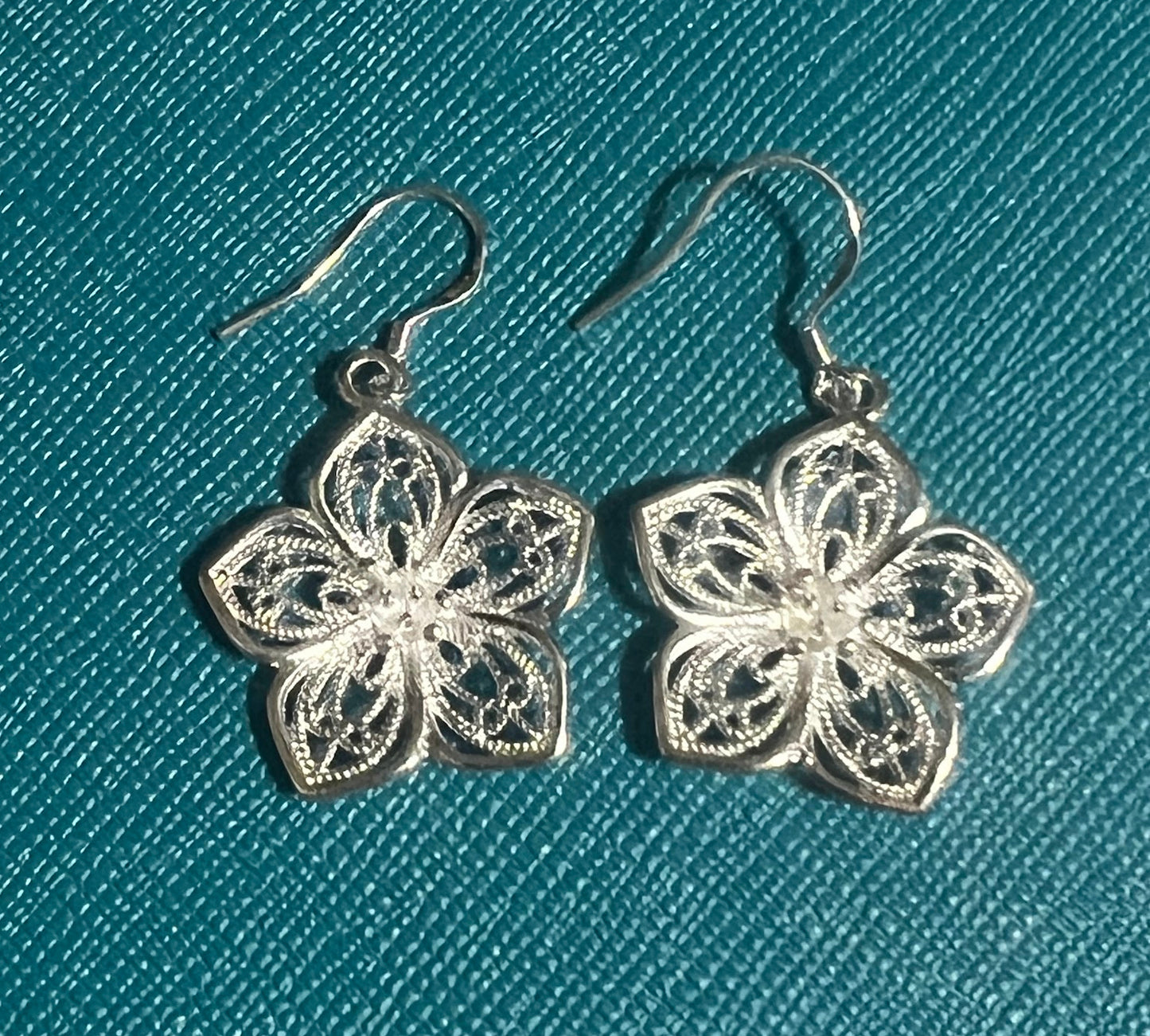 Silverplated Flower Open Cut-Out Dangle Fishhook Earrings