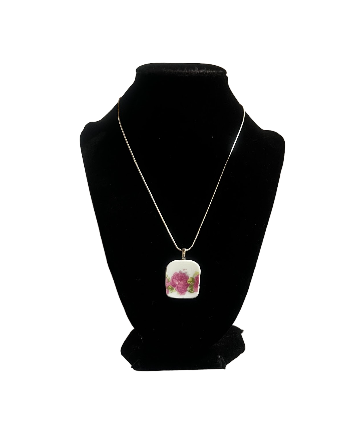 Handmade Broken China Pink Rose  Necklace with Chain