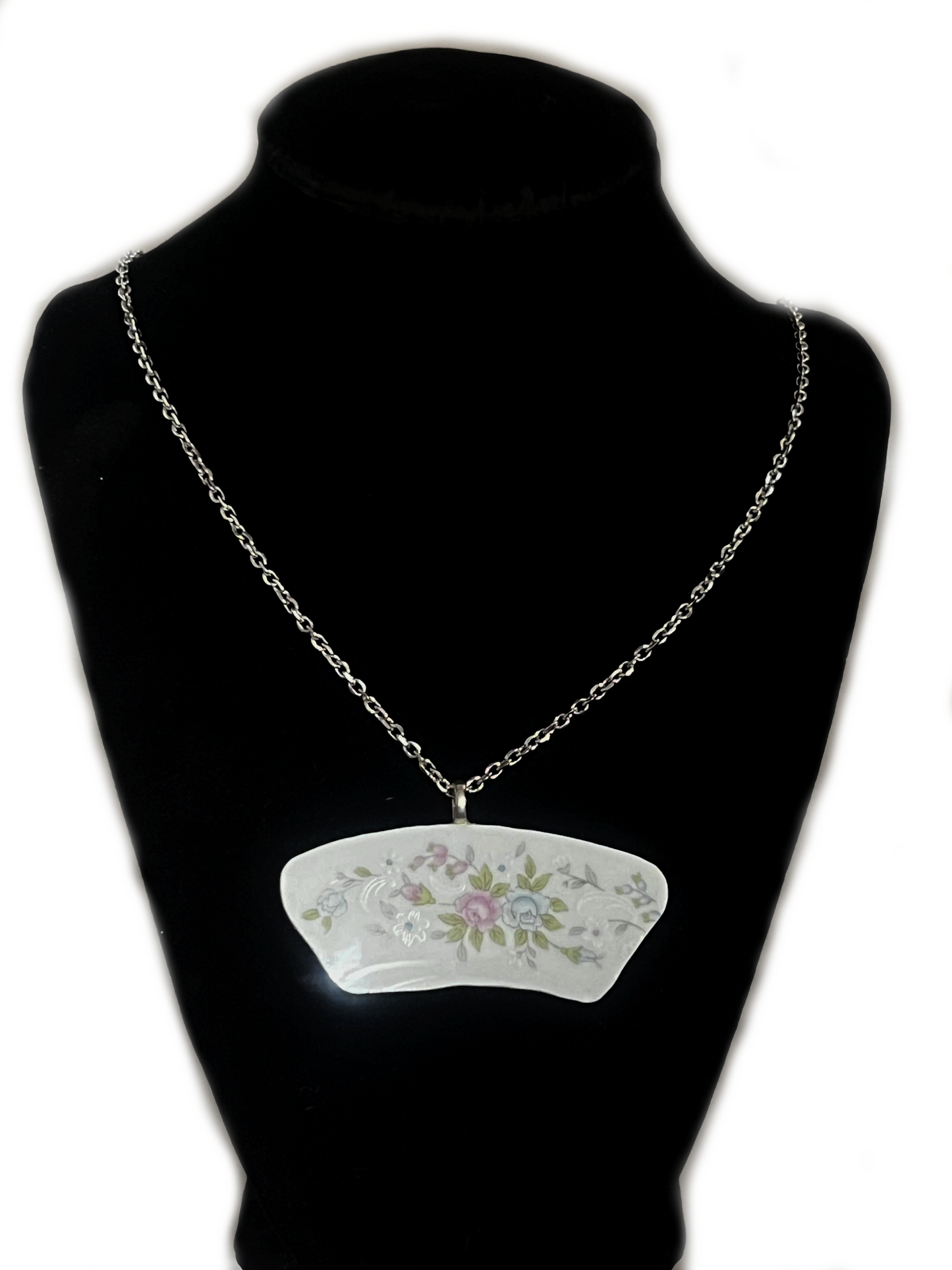 Handmade Broken China Pastel Floral Plate Edge Necklace with Chain