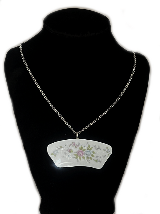 Handmade Broken China Pastel Floral Plate Edge Necklace with Chain