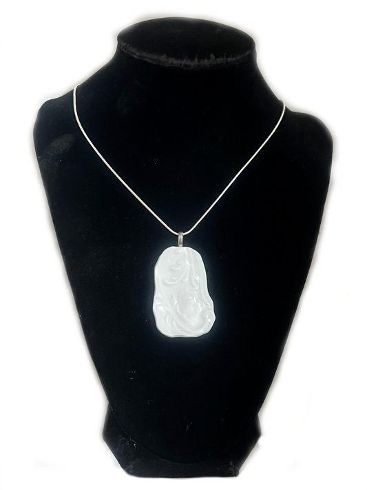 Handmade Broken China White Raised Embossed China Necklace Pendant with Chain