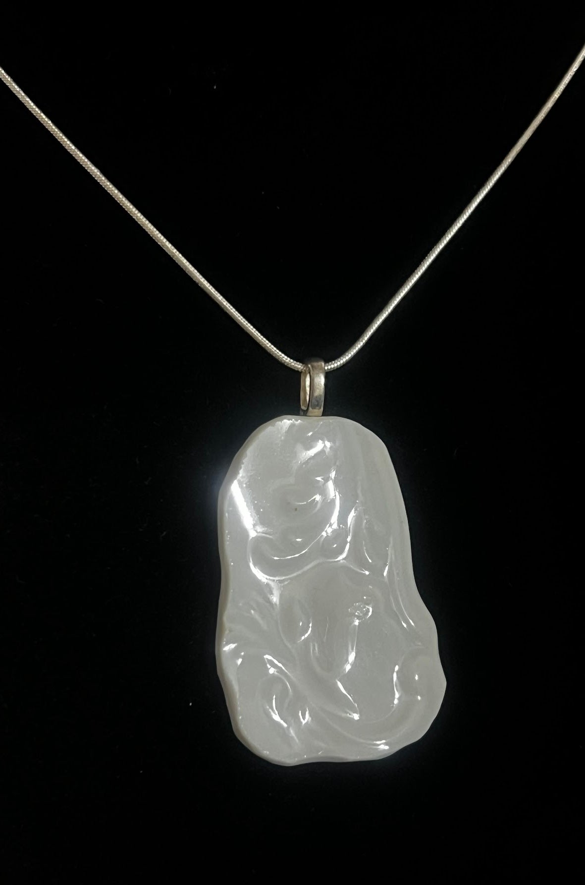 Handmade Broken China White Raised Embossed China Necklace Pendant with Chain