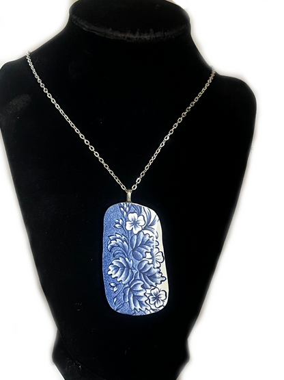 Handmade Broken China Large Blue Floral China Pendant with Chain