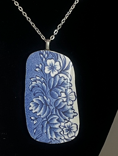 Handmade Broken China Large Blue Floral China Pendant with Chain