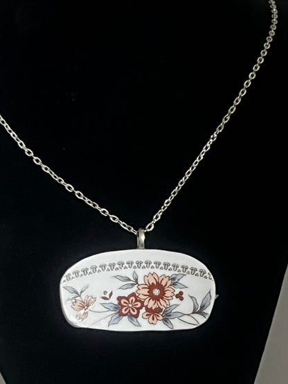 Handmade Broken China Rust/Peach Floral China Necklace with Chain