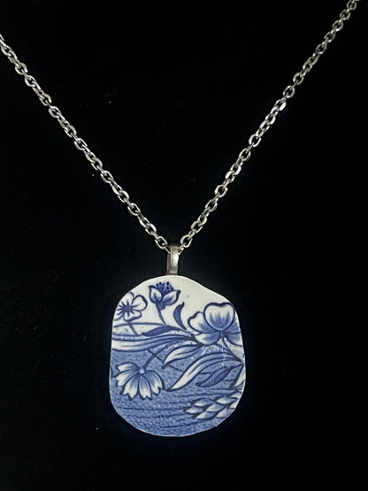 Handmade Broken China Blue Floral China Pendant with Chain