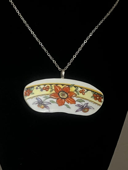 Handmade Broken China Fall Colors Floral China Pendant Necklace with Chain