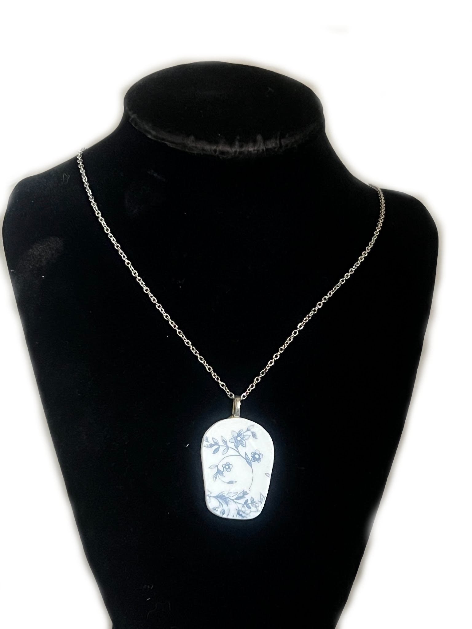 Handmade Broken China Floral White/Blue China Pendant with Chain