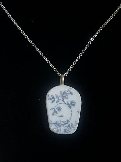 Handmade Broken China Floral White/Blue China Pendant with Chain