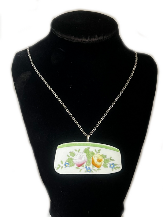 Handmade Vintage Broken China Green Floral China Pendant with Chain