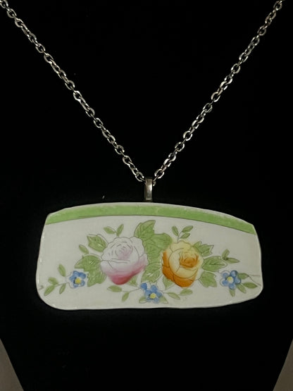 Handmade Vintage Broken China Green Floral China Pendant with Chain