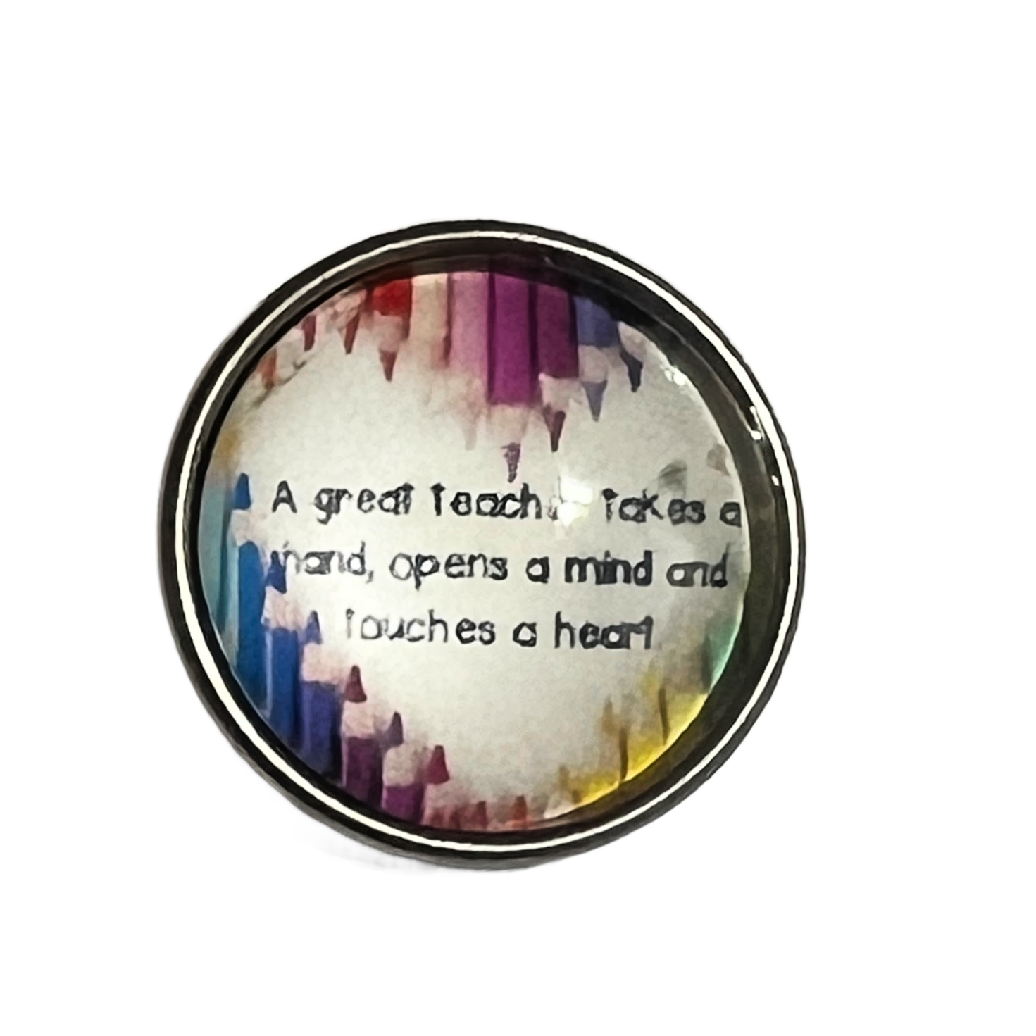 A 20mm round glass snap charm with a quote about teachers and a multicolored design, intended as a gift.