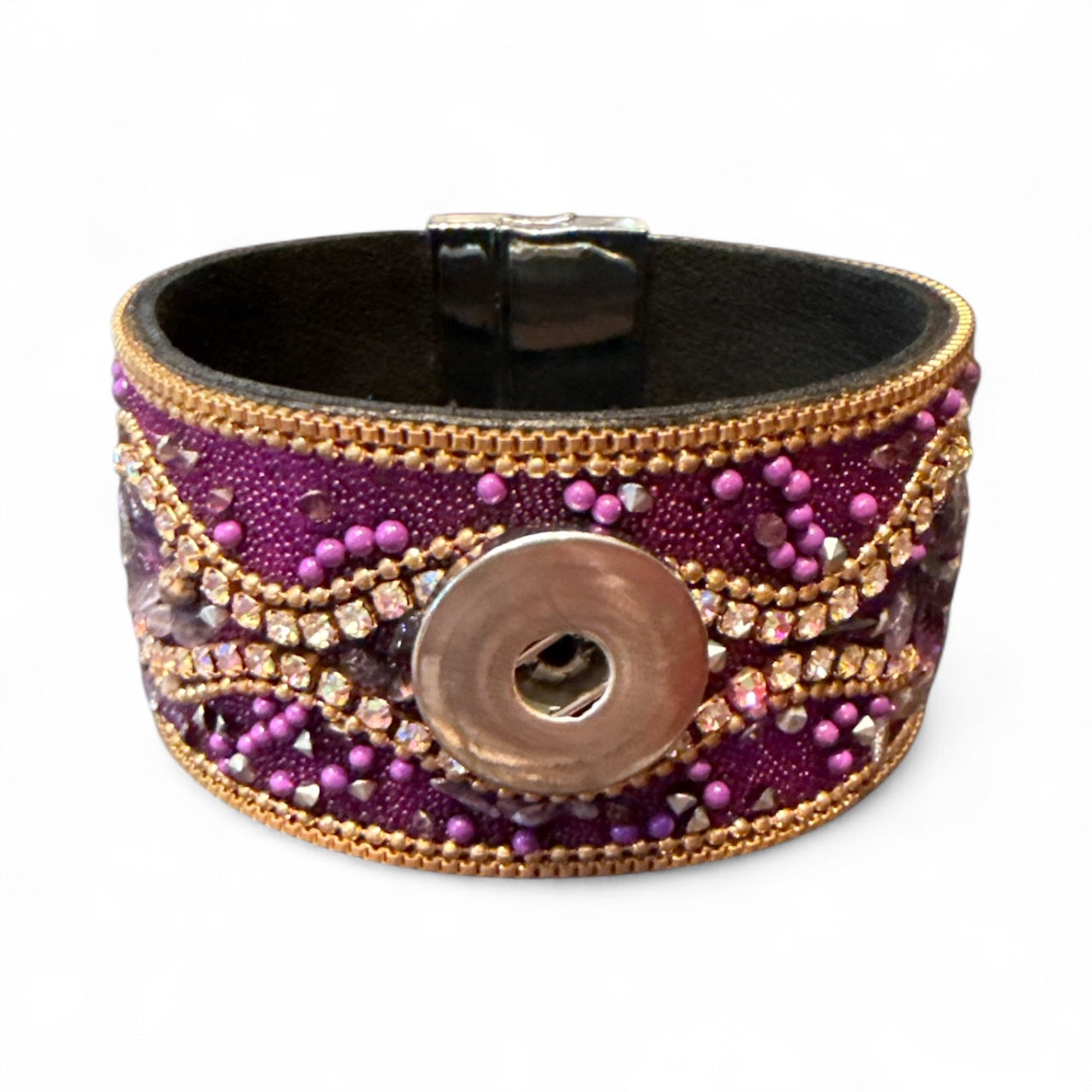 Purple Beaded/Rhinestone Wide Cuff Magnetic Closure 20mm Snap Base for Simple Elegance Snap Jewelry