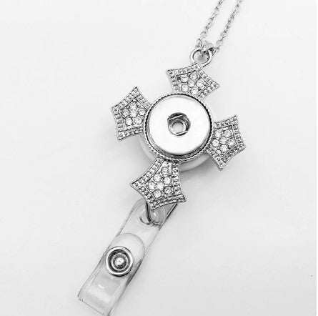 Rhinestone Cross 20mm Snap with Chain Retractable Badge Holder for Snap Charm Jewelry