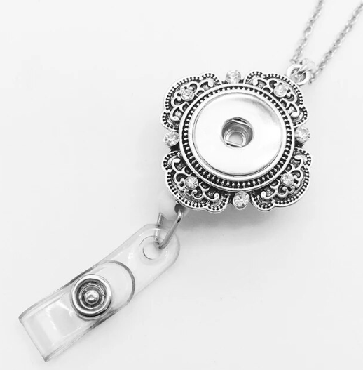 Antique Rhinestone Filigree Badge/Key Holder Lanyard Necklace 20mm for Snap Charm Jewelry