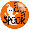 A round orange snap charm with a cartoon ghost character and the text '2 Cute 2 Spook'.