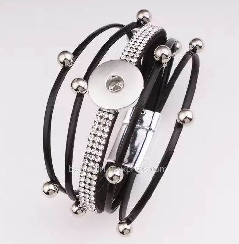 Magnetic Rhinestone Multi- Split Black Bracelet for 20mm Snap Charm
