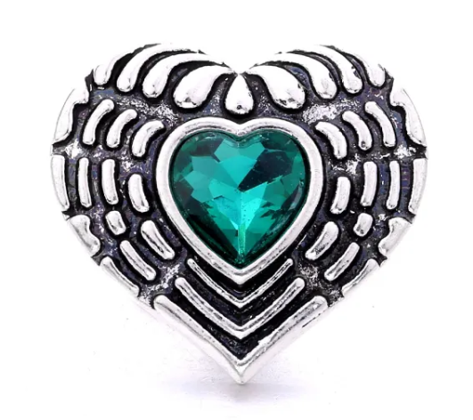Green Metal Wing Rhinestone Heart 20mm Snap Charm for Snap Jewelry