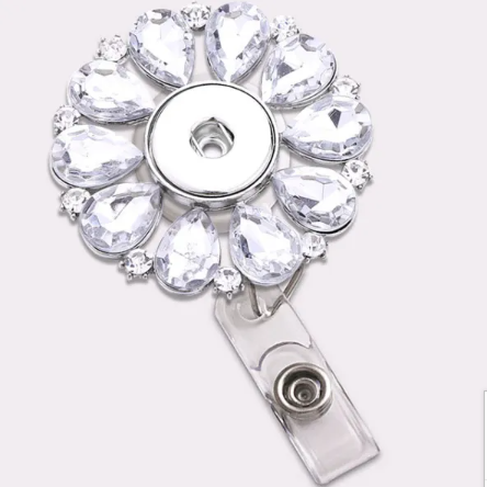 Large Clear Jeweled Badge Holder Clip on Style 20mm Snap Charm
