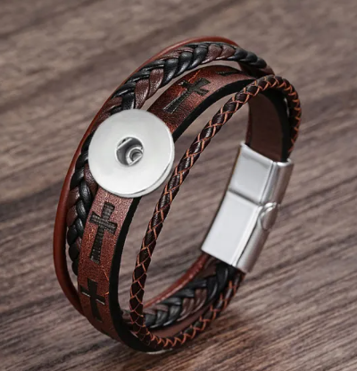 Brown Leather Cross 20mm Snap Charm Jewelry with Magnetic Closure