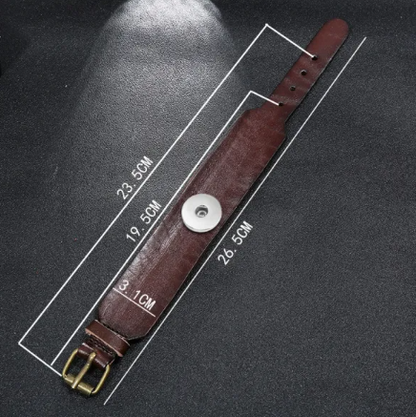 Brown leather strap with measurements on a black background