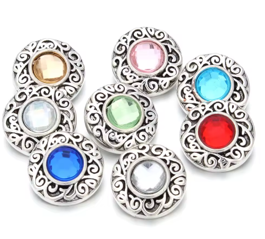 Large Rhinestone Birthstone Heart Filigree Edge 12mm for Snap Charm Jewelry (Assorted Colors)