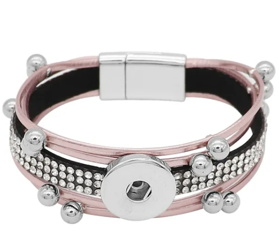 Single Snap Magnetic Closure Multiple Strap Rhinestone 20mm Snap Bracelet (Assorted Colors)