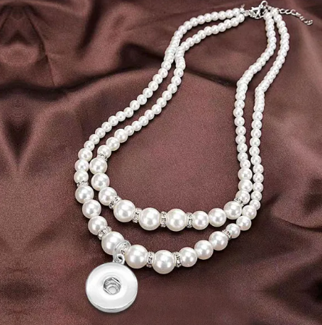 Double Strand White Pearl Snap Necklace with Center Snap Holder for 20mm Snap Charm