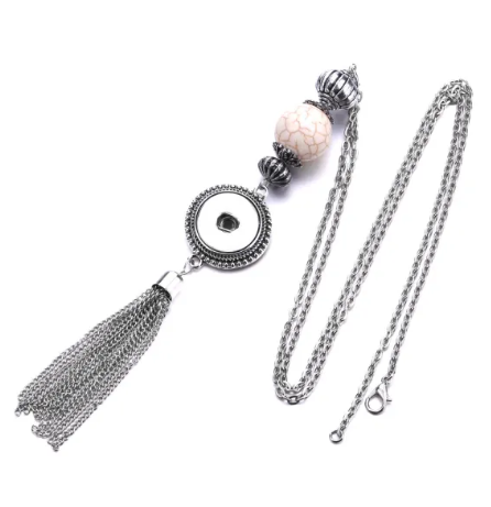 Large Turquoise White Bead Long Tassel 20mm Snap Necklace for Snap Charms