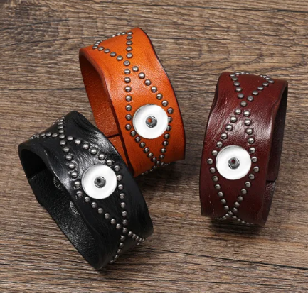 Leather Studded Adjustable Snap 20mm Bracelet in 3 Colors