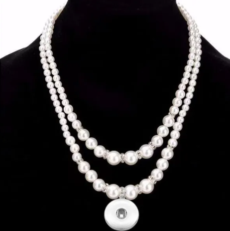 Double Strand White Pearl Snap Necklace with Center Snap Holder for 20mm Snap Charm