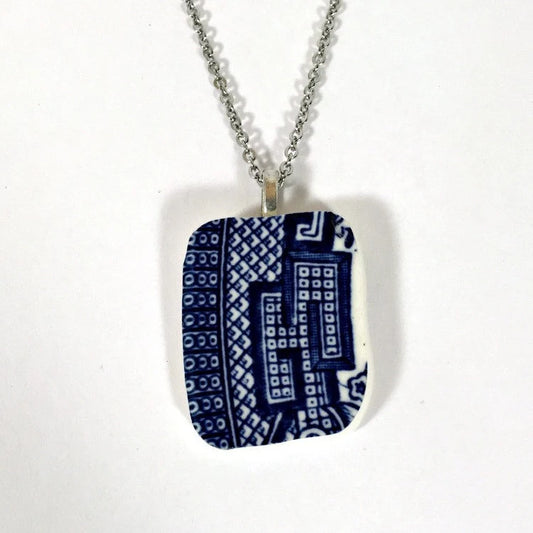 Handmade Broken China Blue Willow Plate Necklace and Chain