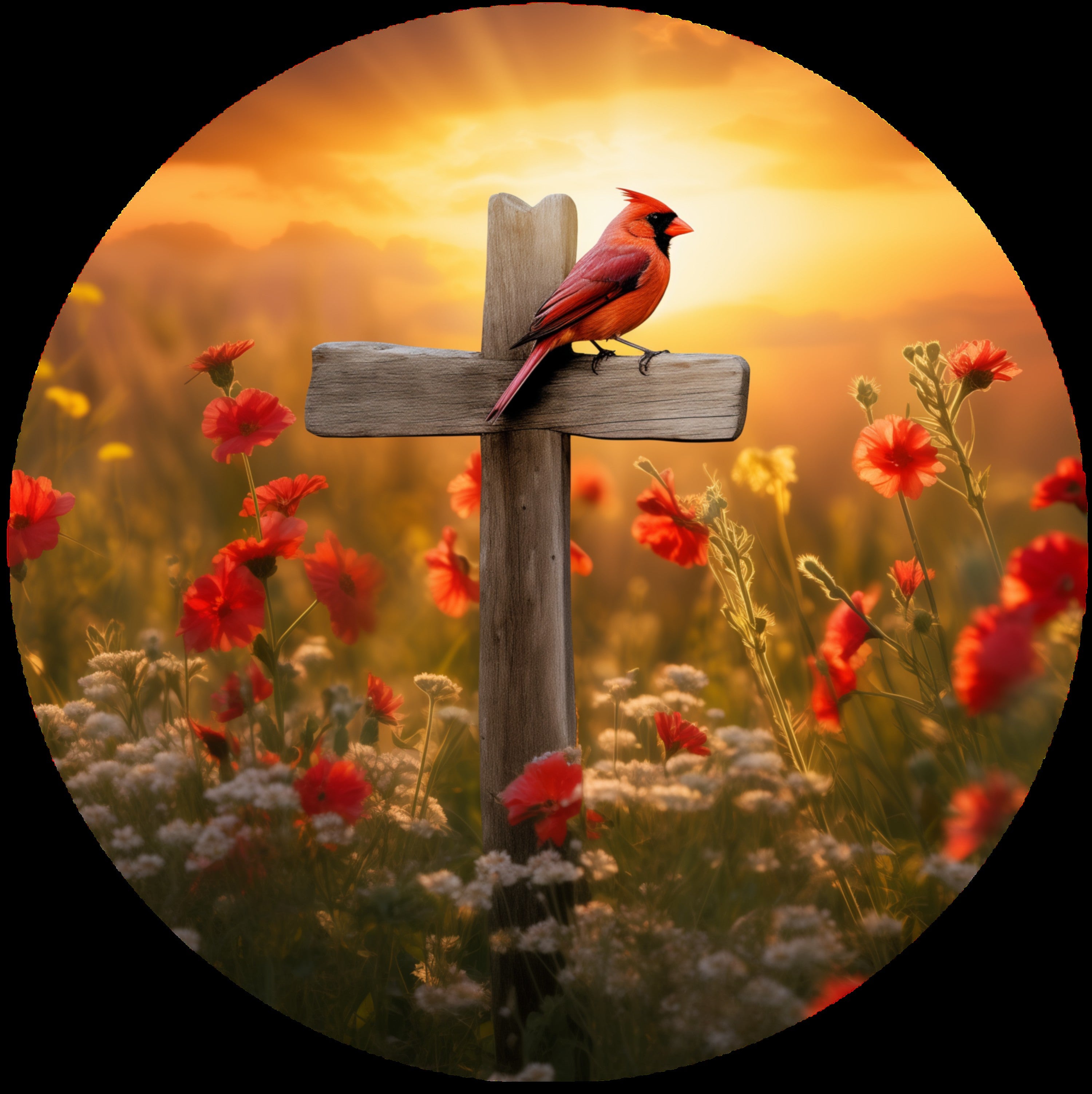 Sunset Floral Cross with Cardinal Red Bird Sitting 20mm Snap for Snap Charm Jewelry