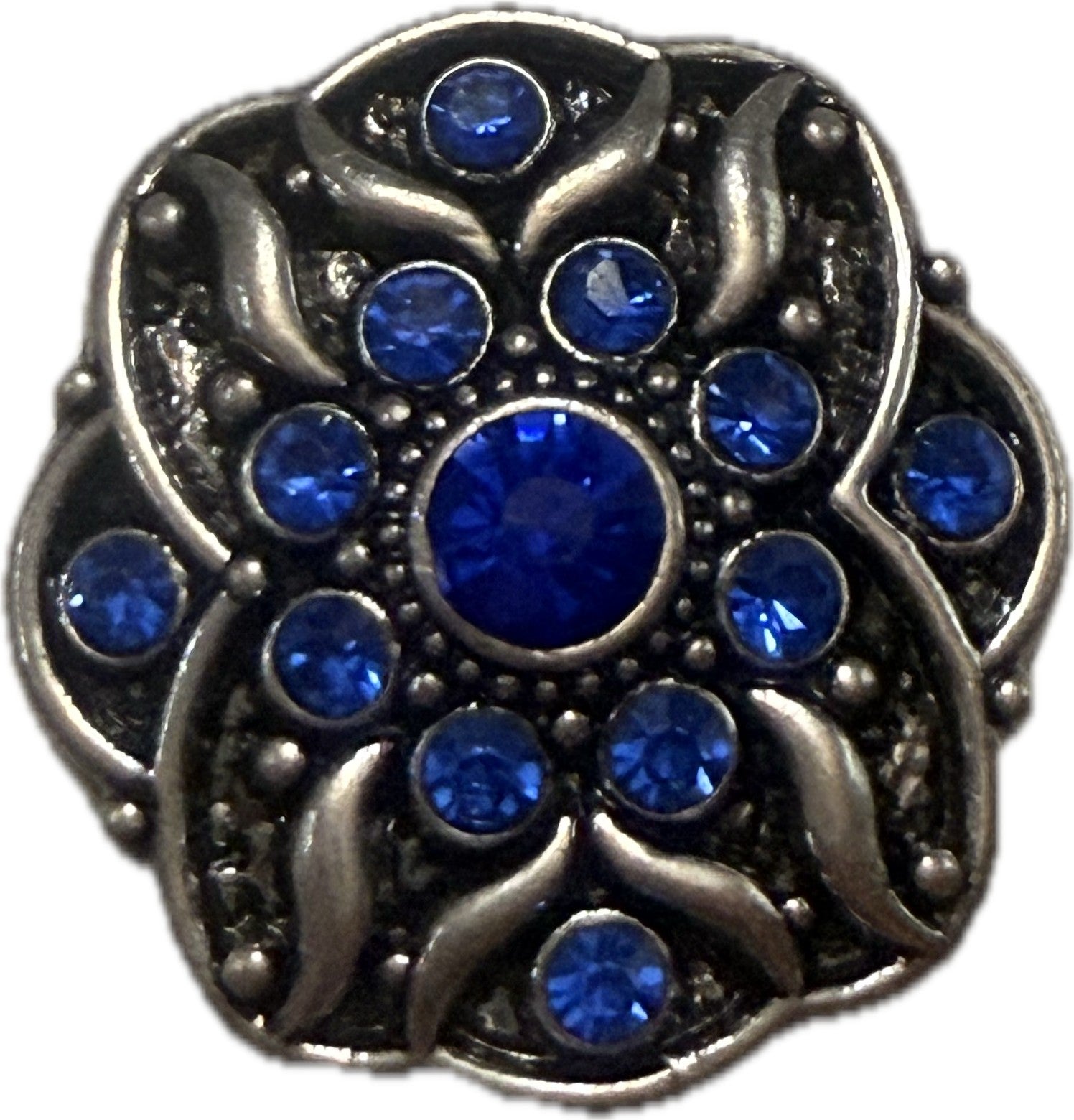 Simple Elegance Jewelry 20mm metal snap charm featuring a floral design with sparkling blue rhinestones