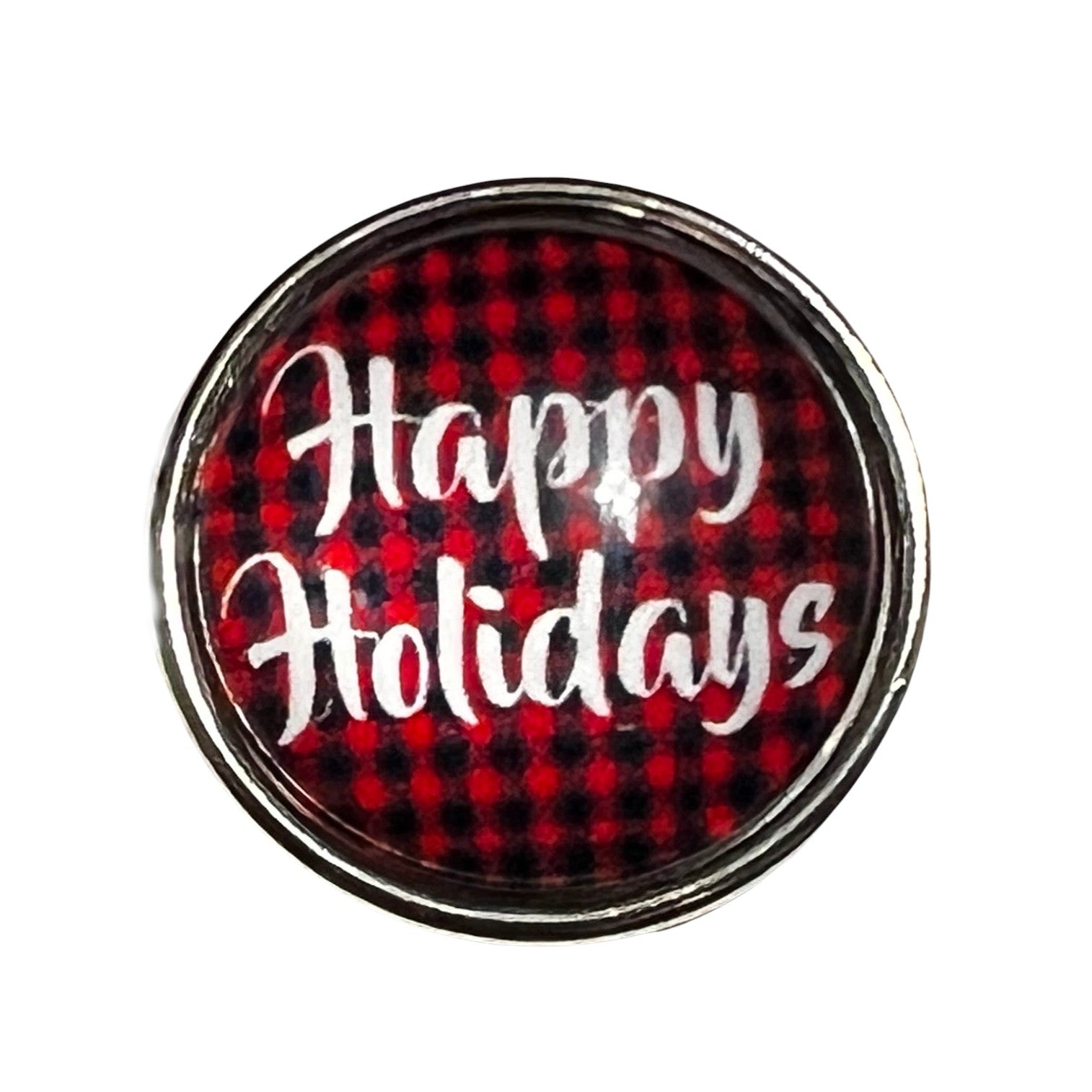 Simple Elegance Jewelry 20mm round snap charm featuring a red and black buffalo plaid print with Happy Holidays text