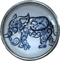Simple Elegance Jewelry 20mm round snap charm featuring a blue and white intricate elephant art design