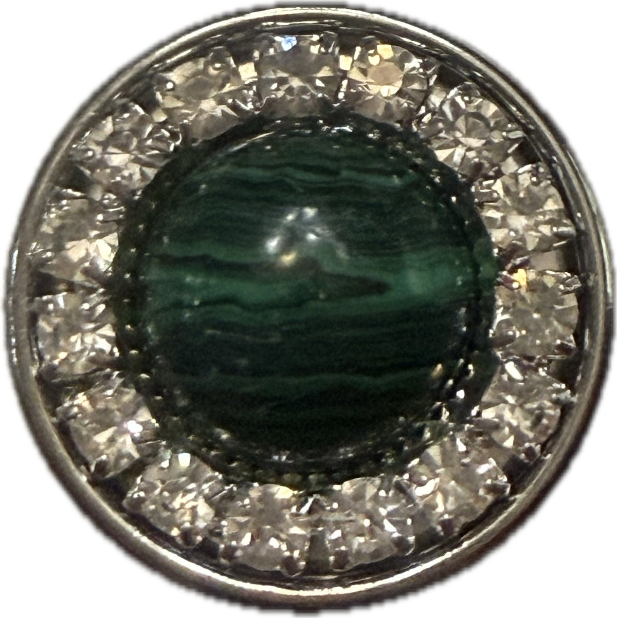 Simple Elegance Jewelry 18mm snap charm featuring a green marbled stone surrounded by clear sparkling rhinestones.