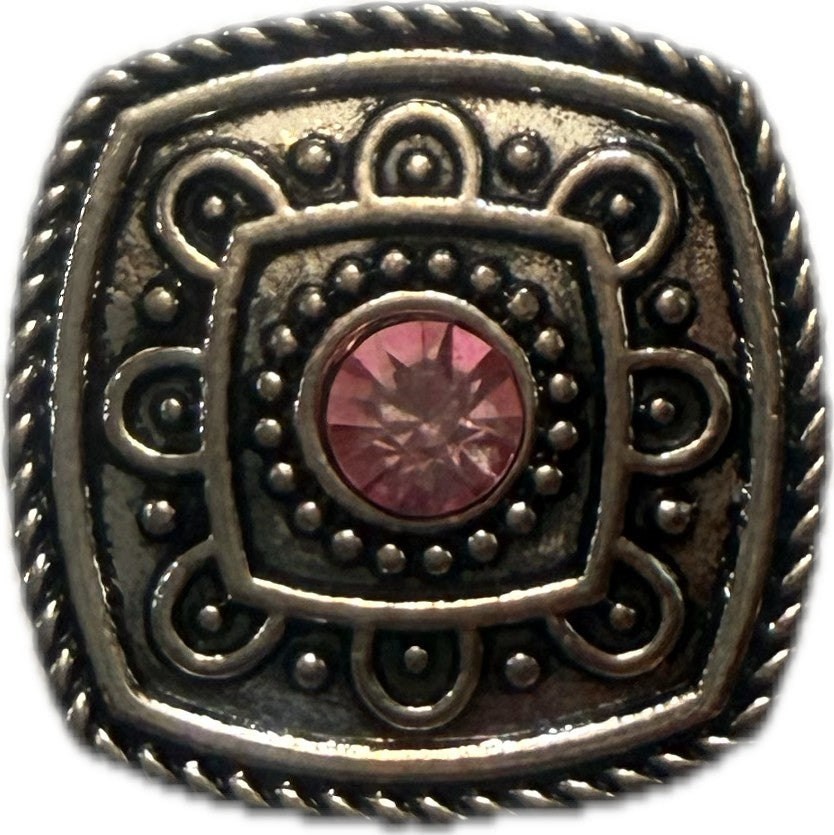 Simple Elegance Jewelry 20mm square metal filigree snap charm with a pink rhinestone birthstone center